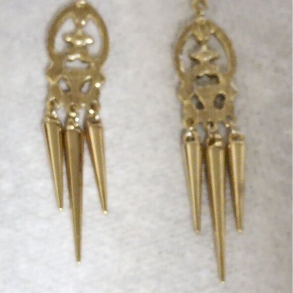 Dangle Earrings Gold Tone Metal Rhinestones Spiky Drop Chandelier Style 3.5" L - Picture 8 of 8